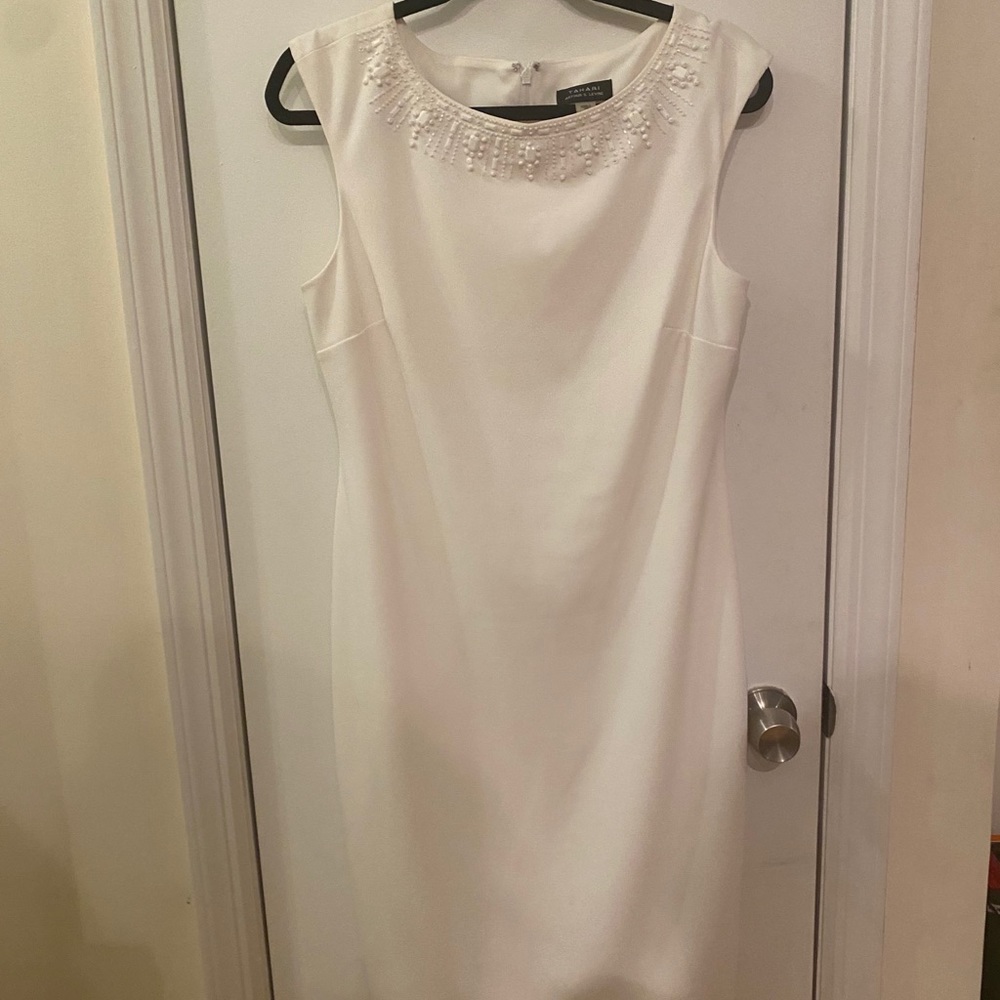 White TAHARI Dress with Beaded Neckline
